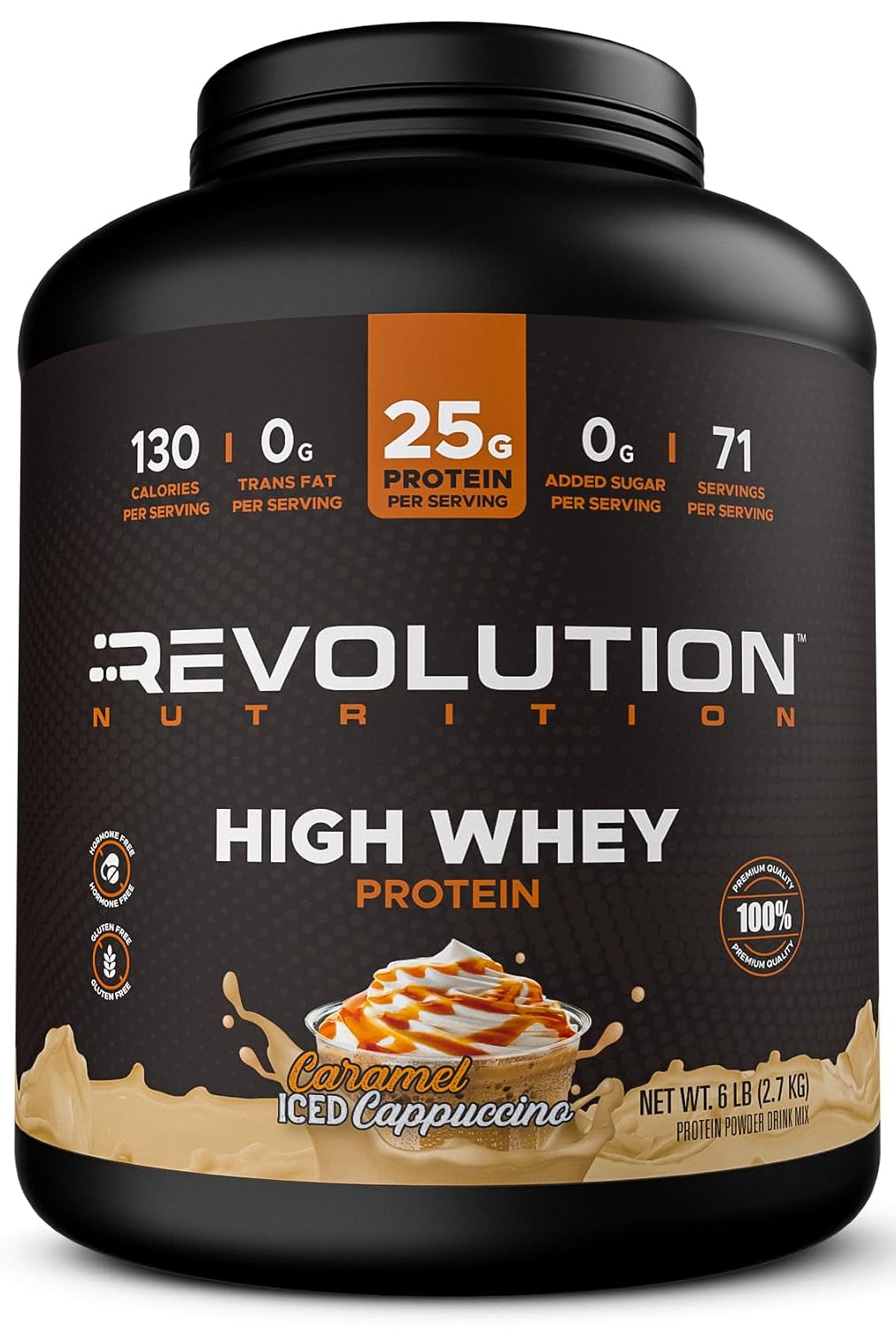 Revolution Nutrition, High Whey, Protein Powder 6LB, Whey Isolate, Gluten Free, Lean Muscle Mass for Men & Women, 25g of Protein Per Scoop, 2.7kg, 73 Servings (Caramel Iced Cappuccino, 6 Pound)