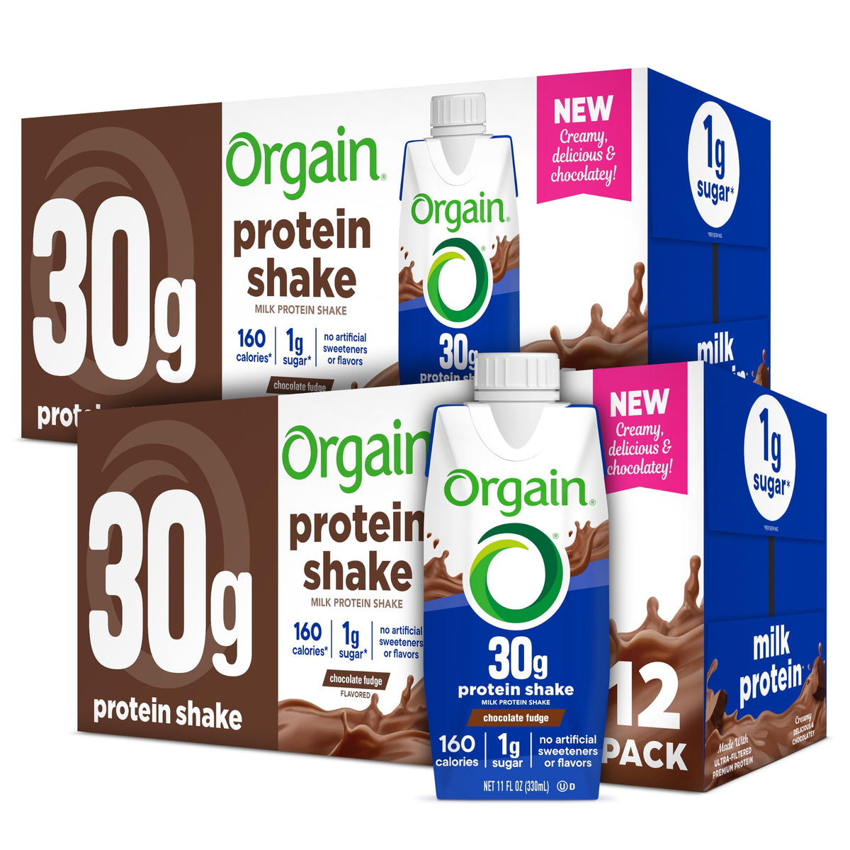 Orgain 30g High Protein Dairy Shake, 5g BCAAs, Chocolate, 11 oz, 12pk