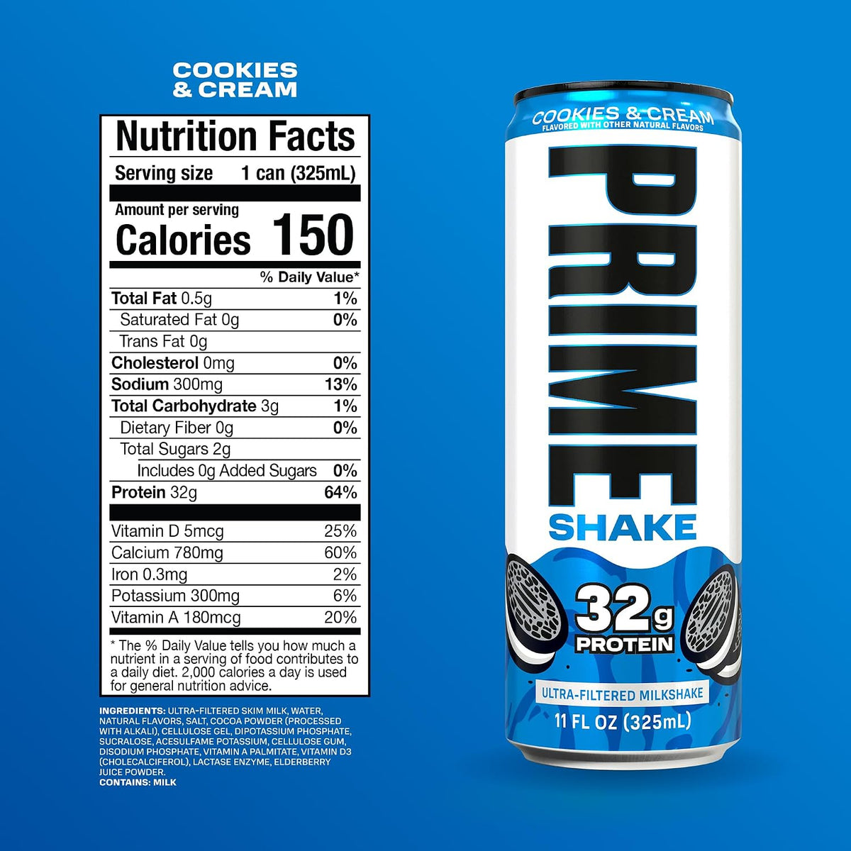 PRIME Shakes, Cookies & Cream, 32g Protein Shake for Muscle Support & Recovery, Ultra-Filtered Milk, Lactose Free, Low Sugar, Low Calorie, Ready to Drink, 11 fl oz, 12 Pack